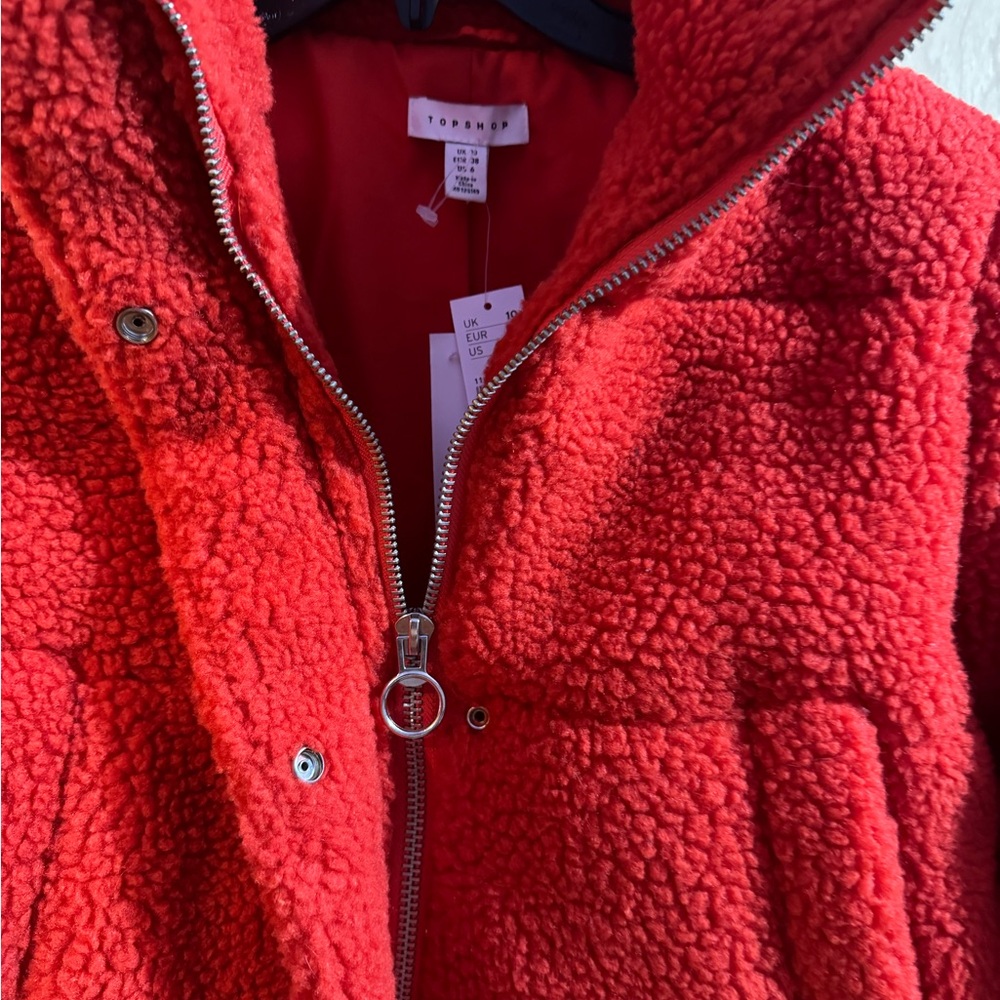 Topshop Vibrant Red Sherpa Puffer Jacket Size 6 - Picture 3 of 4